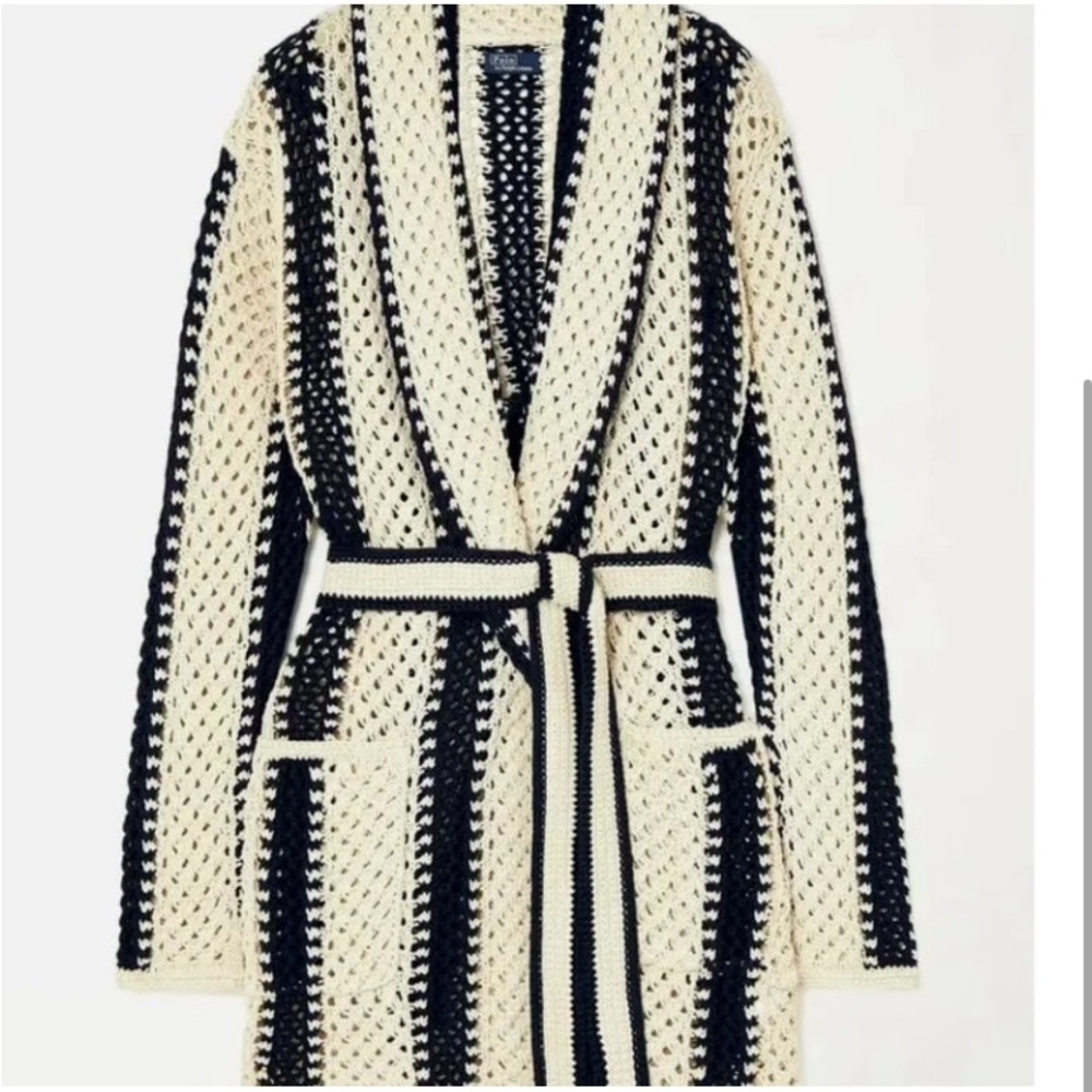 Ralph Lauren Geo Stripe Linen Cotton Crochet Shawl Cardigan Sweater XL NWT - Picture 5 of 5